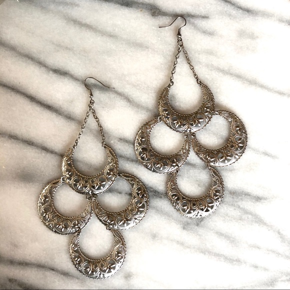 Silver tone earrings 3 pairs southwestern tribal  green brass copper accents - Picture 2 of 5